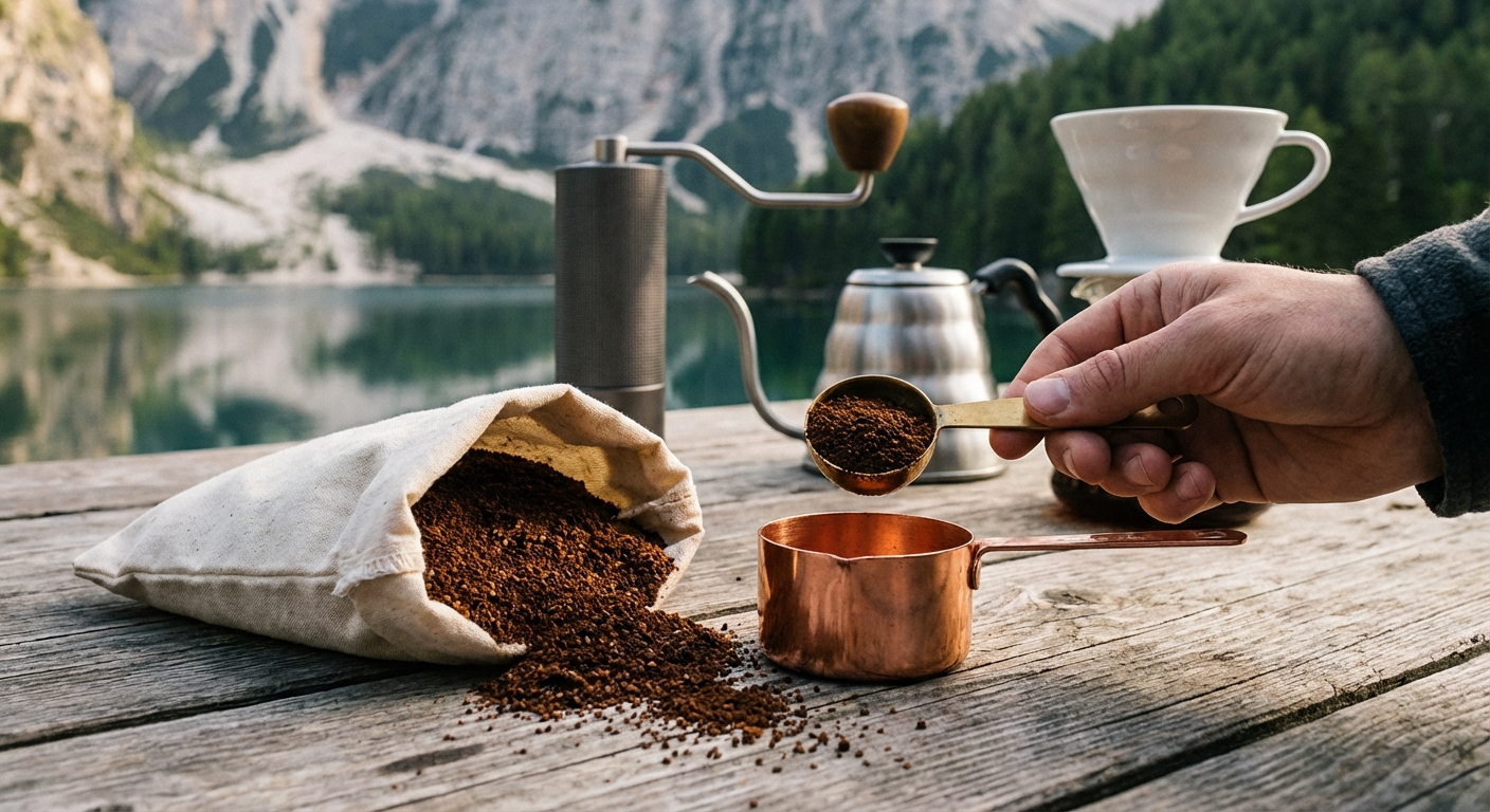 Close up of coarse coffee grounds next to a measuring cup on a wooden camp table