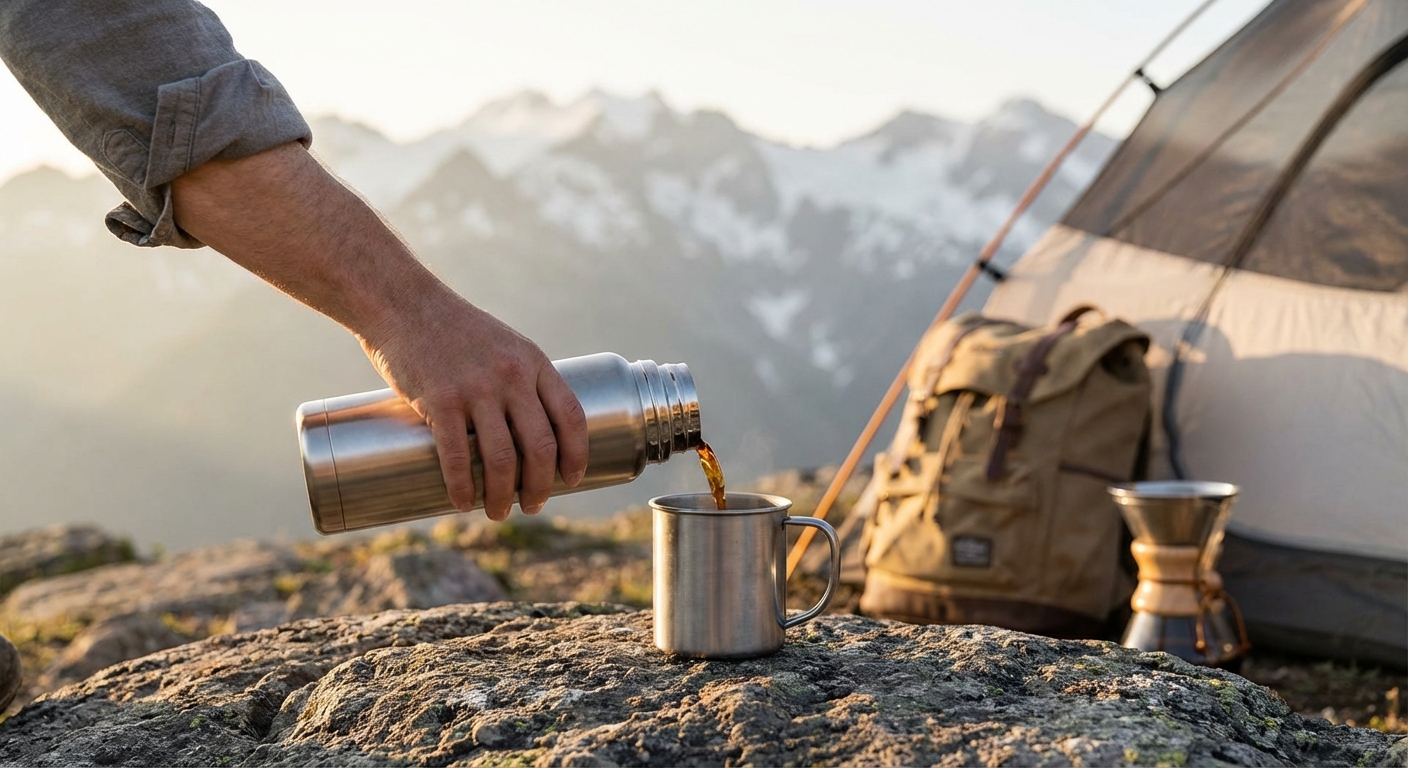 A hiker pouring finished cold brew from a stainless steel bottle into a cup with a mountain backdrop