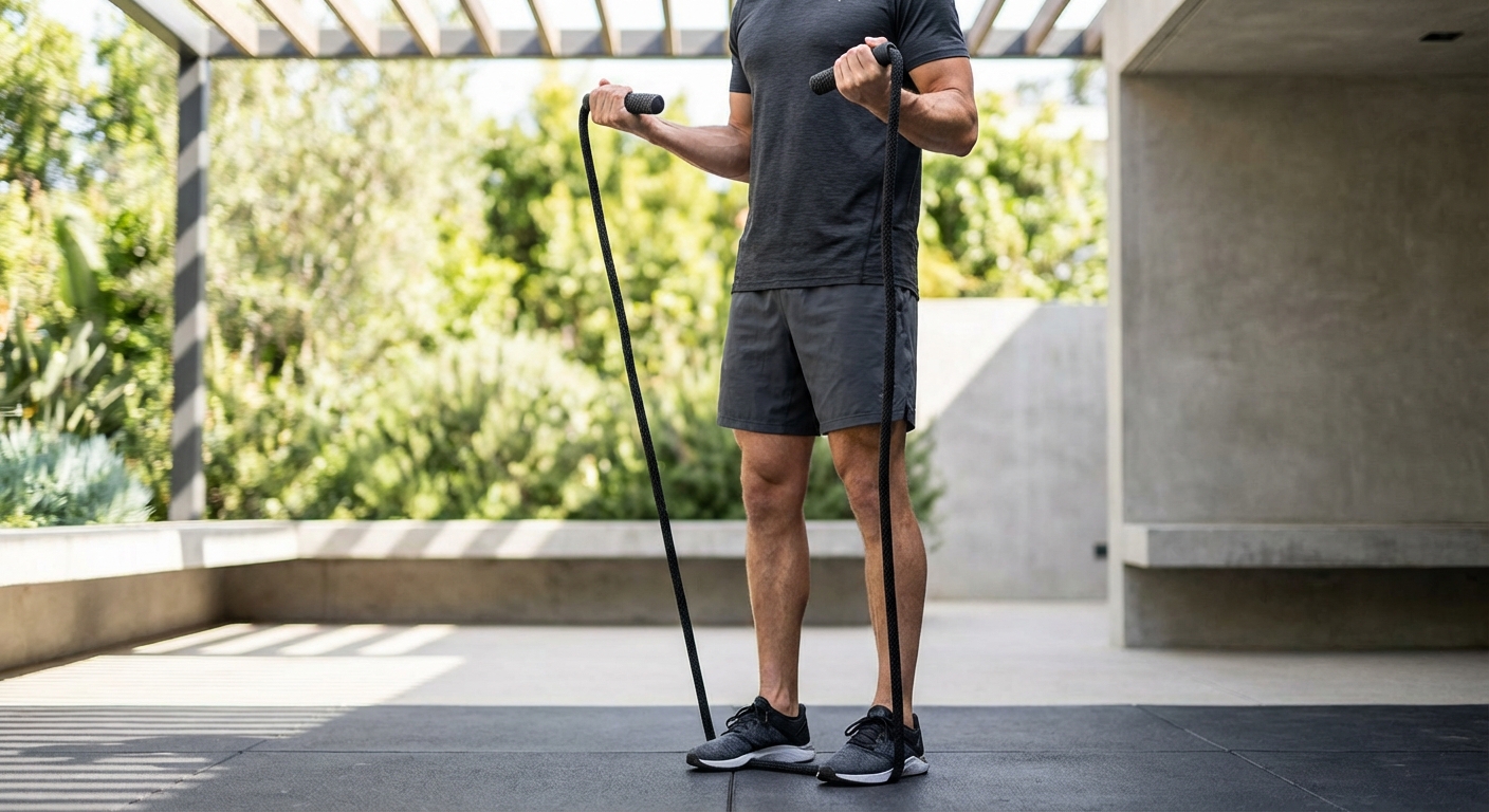 A person standing with a jump rope under their feet, pulling handles toward their shoulders to check length