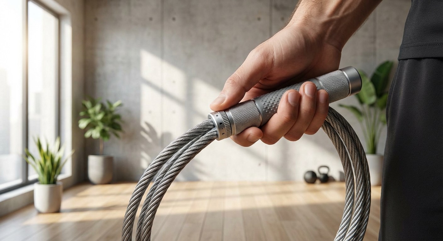 Close-up of a jump rope handle being adjusted with a built-in locking mechanism