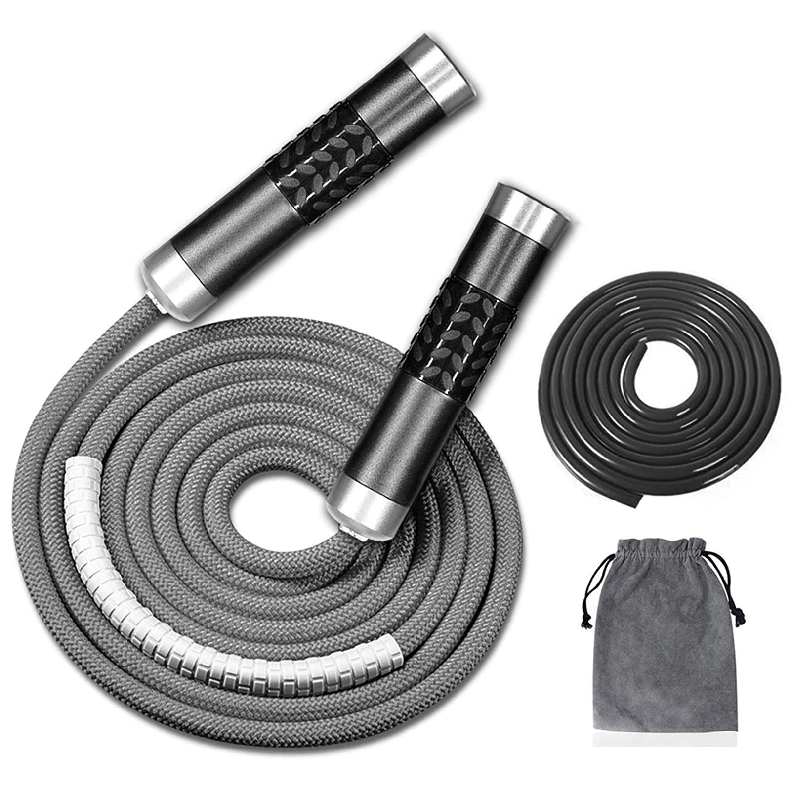Redify Weighted Jump Rope for Workout Fitness(1LB), Tangle-Free Ball Bearing Rapid Speed Skipping Rope for MMA Boxing Weight-loss,Aluminum Handle Adjustable Length 9MM Fabric Cotton+9MM Solid PVC Rope Grey