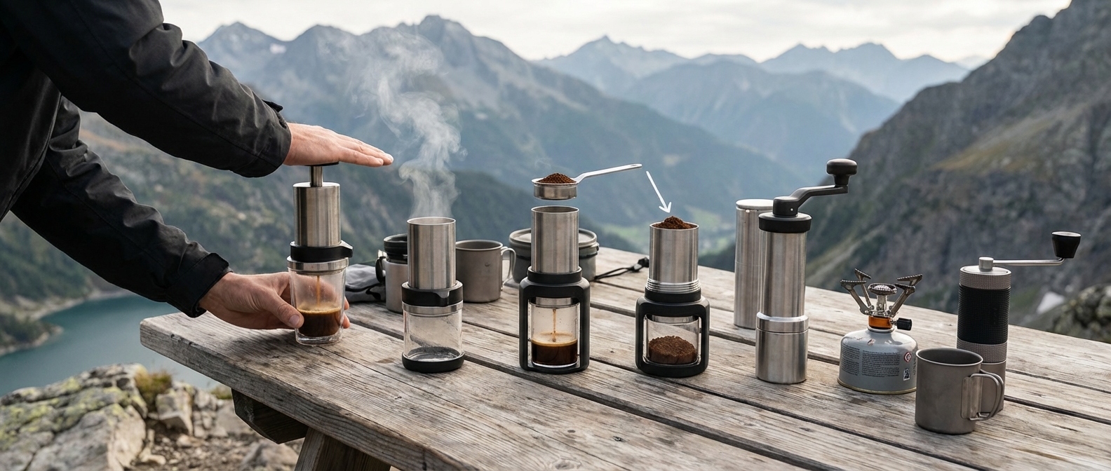 A panoramic shot of several portable espresso makers lined up on a rustic wooden camping table with a mountain backdrop