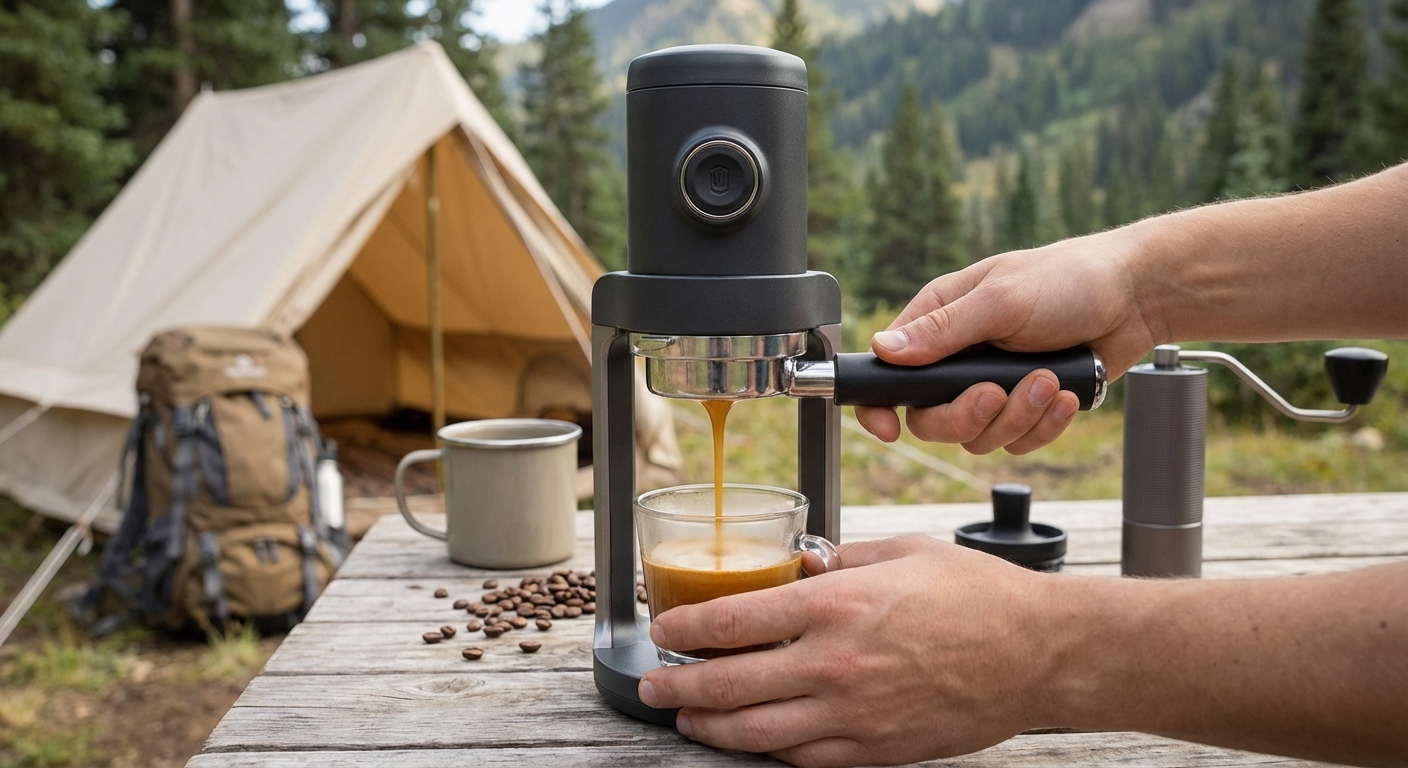 A close-up of an espresso shot being pulled from a Picopresso, showing the rich brown crema flowing from the bottomless portafilter