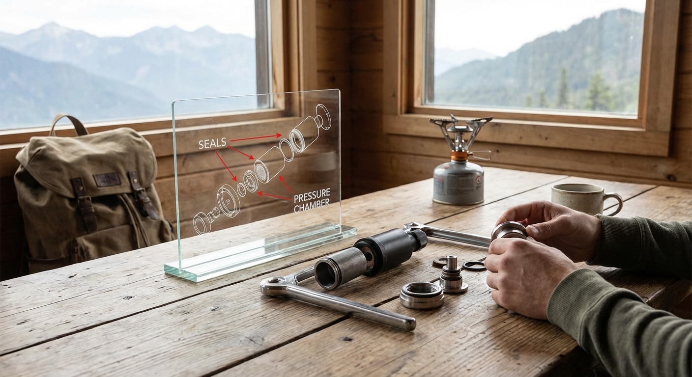 A diagram showing the internal components of a manual espresso pump, highlighting the seals and the pressure chamber